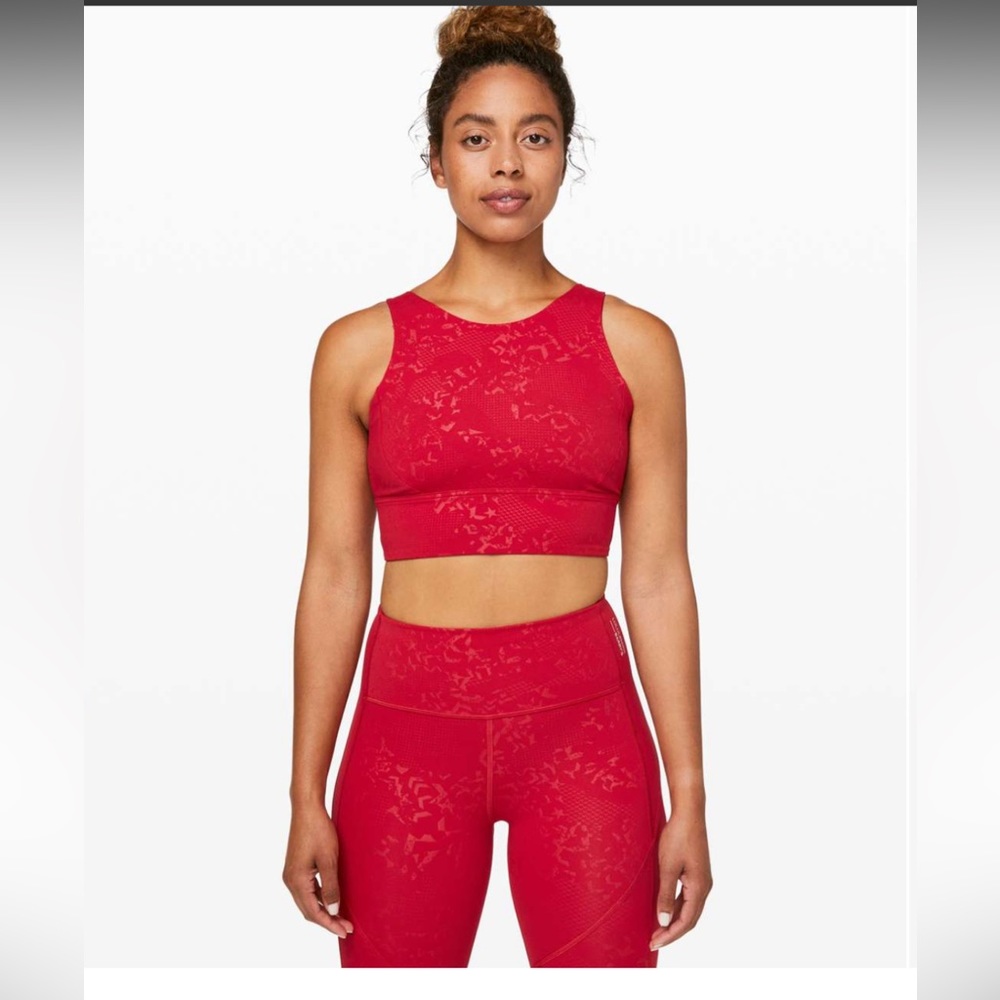 Lululemon Stronger as One Long Line Bra lulu X Barrys Emboss Dark Red size 10